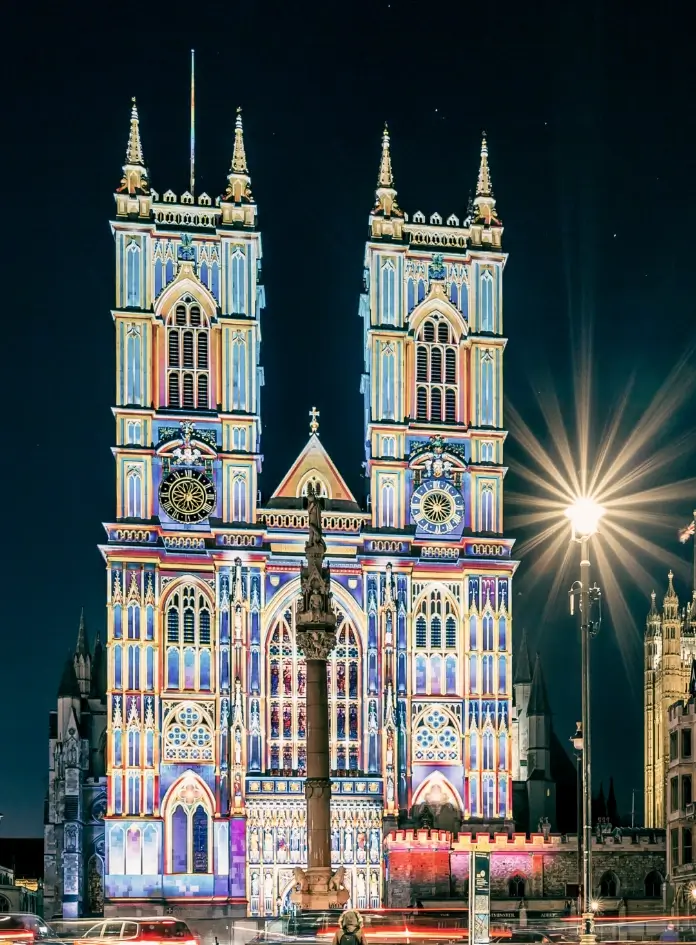 Vibrantly colored cathedral in London, England, illuminated at night