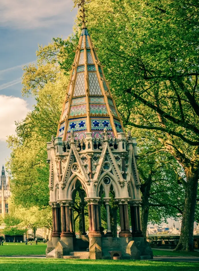 Colorful, carved-stone gazebo in an outdoor park in London, England
